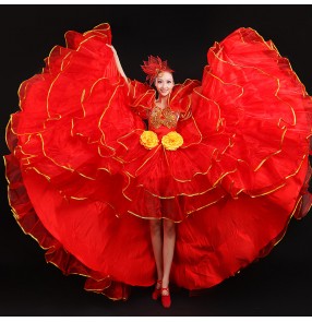 Flamenco dresses for women lady female red yellow stage performance chorus singers Spanish bull dance ballroom dresses