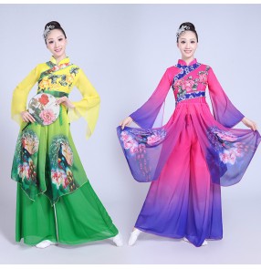 Fuchsia purple green gradient colored women's female classical Chinese traditional ancient folk yangko fan dancing dresses party square dancing costumes