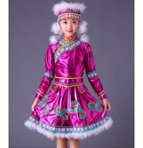  Girls Mongolian folk dance dresses fuchsia feather Chinese minority folk dance performance competition drama cosplay outfits costumes robes