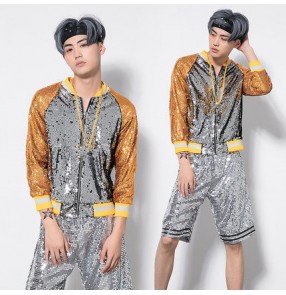 Gold silver sequined patchwork men's growth fashion modern street dance hiphop jazz singers performance competition jackets shorts outfits costumes