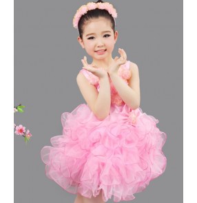 Modern dance light pink girl's kids children jazz singers solo host model flower girls stage performance dance dresses costumes