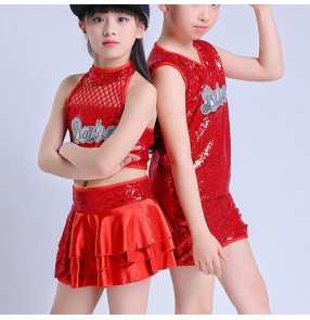Red kids jazz dance costumes for girls boys modern dance hiphop paillette show performance street cheerleaders dance outfits