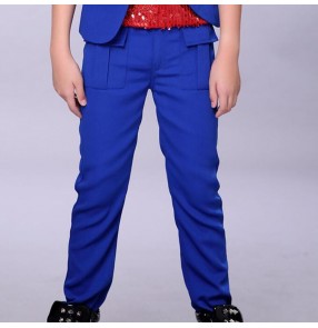 Red Royal blue boys kids children school competition stage performance fashion hip hop jazz drummer dance costumes pants