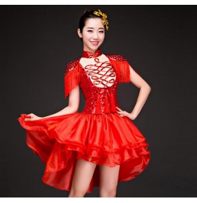 Red sequined glitter fringes modern dance girl's women's jazz singers dancers performance photos solo cosplay dancing dress costumes