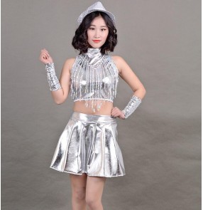 Silver women's female lady modern dance jazz singers hiphop performance sequined night club pole dancing outfits costumes 