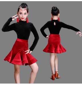  velvet Black leotard tops with red skirts long sleeves girl's kids children competition stage performance latin salsa ballroom dance dresses