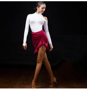 White and wine red dark green one hollow shoulder long sleeves irregular skirts fashion women's female performance competition latin dance dresses