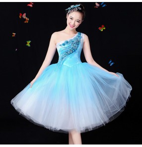White blue green gradient color girl's women's modern dance singers chorus dancers fairy stage performance dresses costumes
