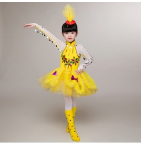 Yellow feather girl's kids children school competition stage animal birds cosplay modern dancers jazz dance dresses costumes
