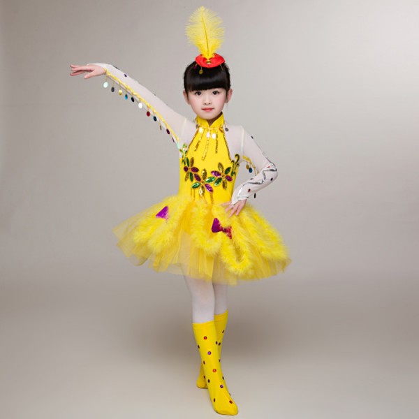 Yellow feather girl's kids children school competition stage animal ...