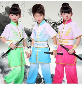 Children china traditional Kung Fu costumes girls boys tai chi stage performance school student training martial sports cosplay dancing tops and pants