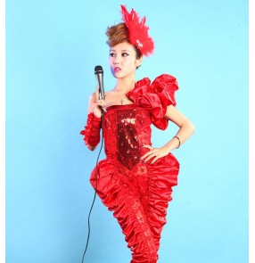 Female fashion jazz dance costumes for women white red lace singers lead dancers party show stage performance jumpsuits rompers bodysuits