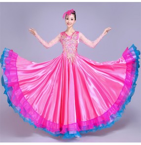 Flamenco dresses pink female women's Spanish folk dance opening dancing big skirted bull dance ballroom long length dresses