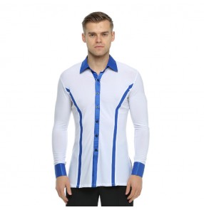 Men's ballroom latin dance shirts for male white and blue competition performance exercises tango waltz dancing tops