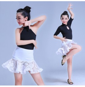  white and black latin dresses for girls kids children lace competition exercises stage performance rumba chacha salsa dance dresses
