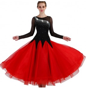 Women's ballroom dresses for female black with red competition long sleeves diamond professional chacha rumba samba dancing dress