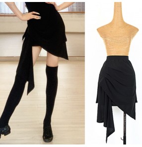 Black irregular hem latin dance skirts for women girls stage performance exercises dance skirts with leotard shorts