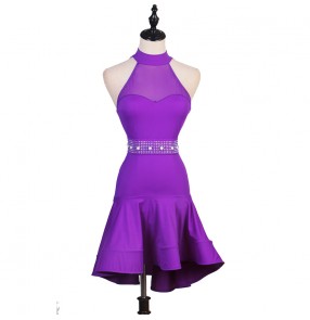 Women's violet sleeveless latin dance dress rhinestones sashes rumba salsa chacha dance dress robe de danse latine pour femme