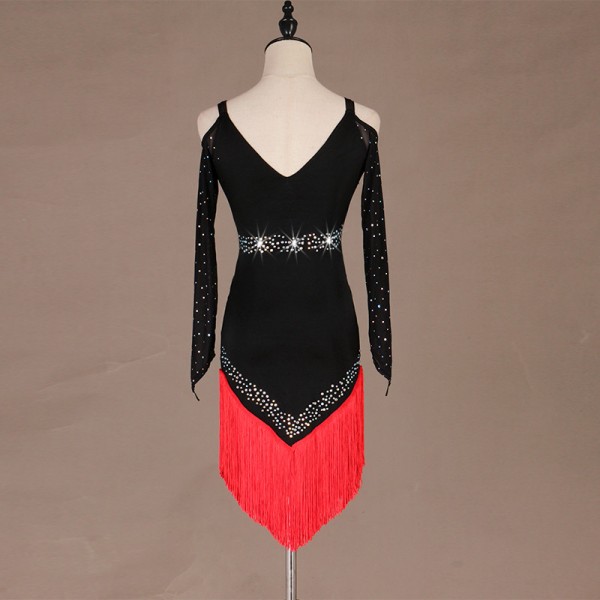 Women's black with red fringes diamond latin dance dresses rhythm salsa ...