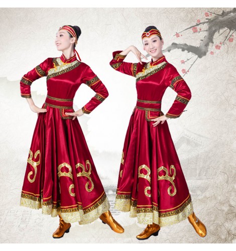 Mongolian dance dresses for women chinese folk dance wine red female ...