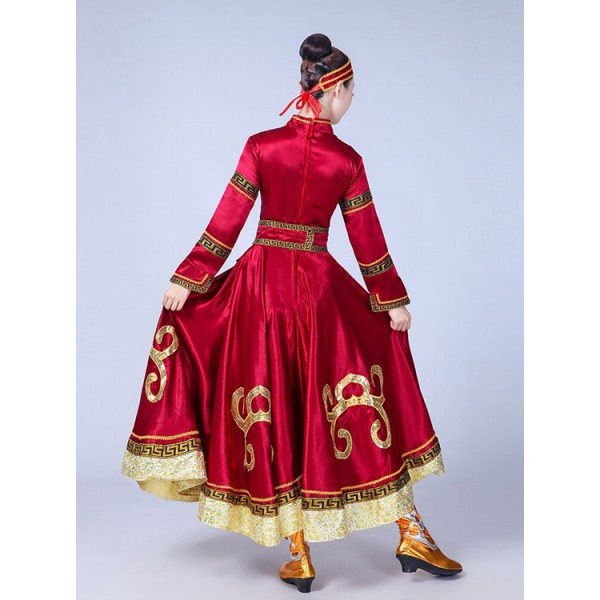 Mongolian Dance Dresses For Women Chinese Folk Dance Wine Red Female 