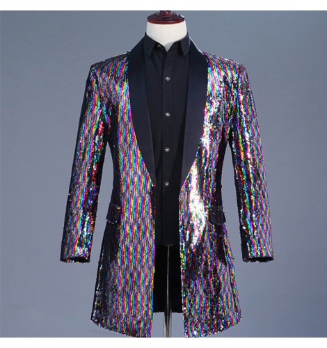 singer jazz dance Rainbow sequin blazers for men's male competition ...