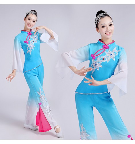 Chinese folk dance costumes for women female green blue yangge fan ...