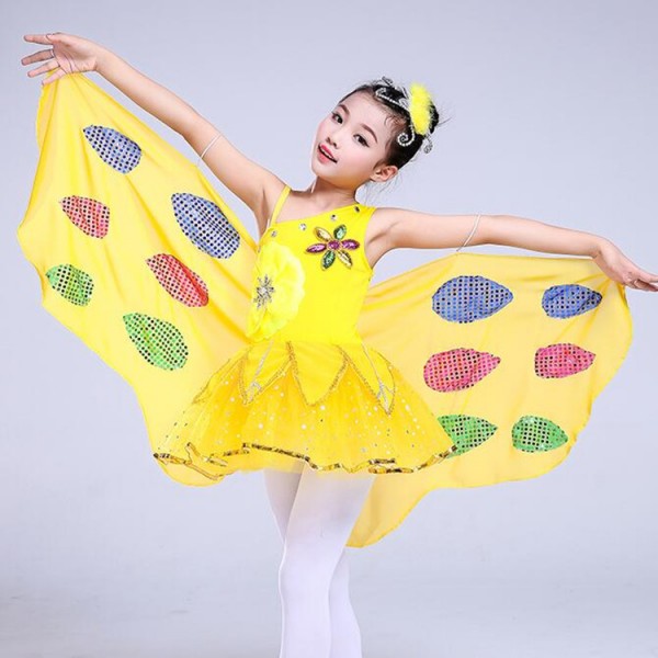 Children jazz modern dance dresses girls yellow butterfly cosplay ...