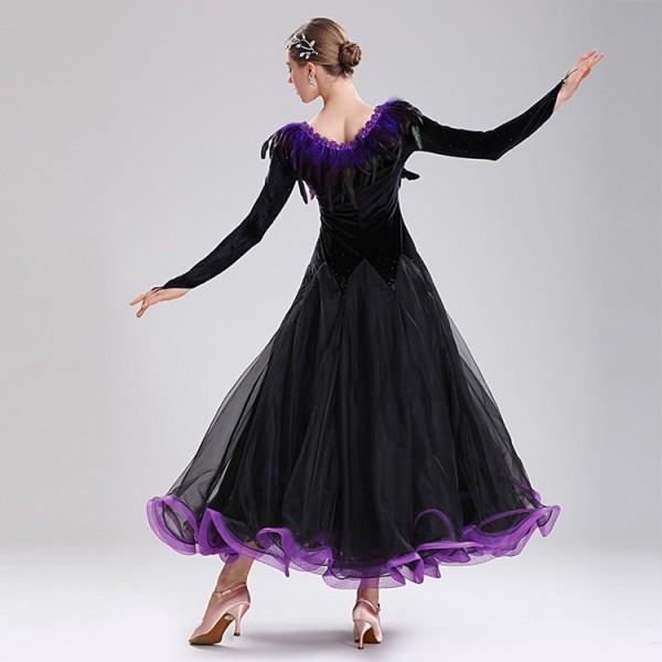 Women's ballroom dancing dresses black with purple feather professional ...