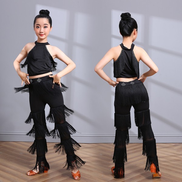 Black tassels competition girls kids latin dance dresses stage performance salsa  rumba samba dance tops and pants