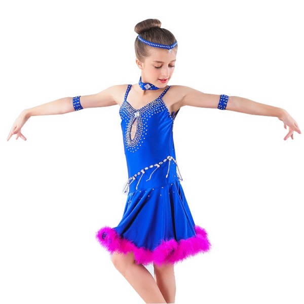 Children Latin Dance Wear : Girls royal blue with pink feather latin ...