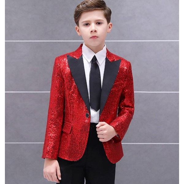 Boy kids jazz singers host stage performance sequin blazers red silver ...