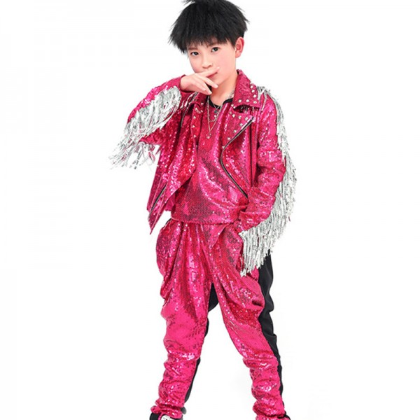 Boy pink jeans rapper singers Hip-hop stret jazz dance costumes