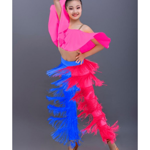 Kids girls pink with royal blue fringes latin dance costumes tops