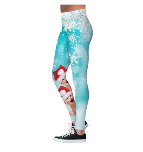 Christmas blue snow print fitness sports running pants for female hip ...
