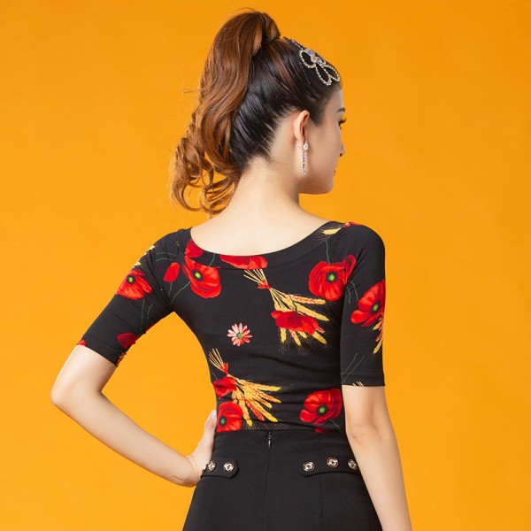 Black with red floral printed latin dance tops for women salsa rumba ...