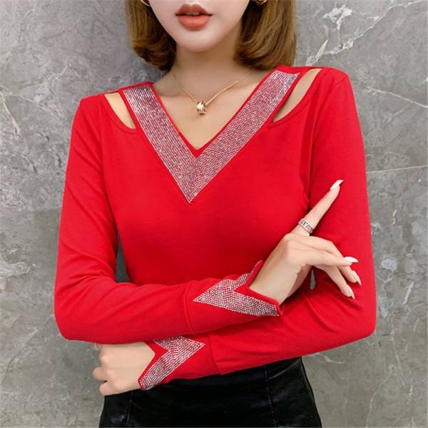 Women's black red rhinestone ballroom dance tops long sleeves v neck ...