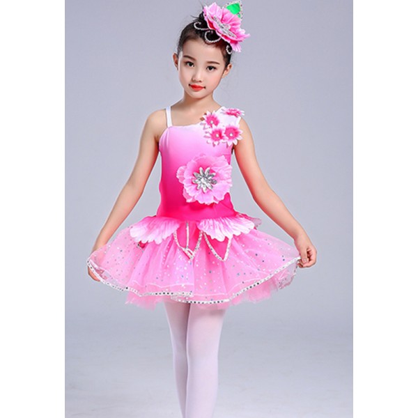 Girls pink petal flowers fairy performance modern dance chorus dresses ...