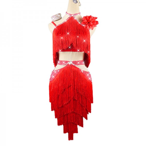 red Tassels competition latin dance dresses for women girls handmade belly  dance dress salsa rumba chacha dance competition dance dresses