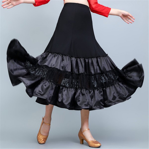 Black ballroom dancing skirts for women female lace patchwork satin ...