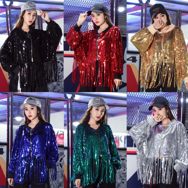 jazz dance coats for women silver blue tassel sequin suit hiphop street ...