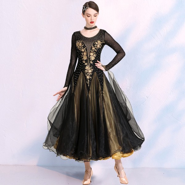 Women black with silver gold ballroom dancing dresses long sleeves ...