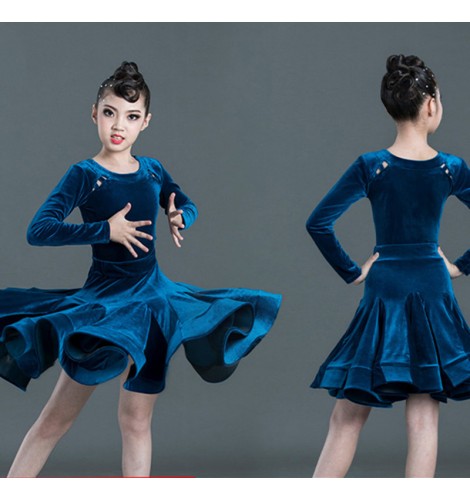 Girls kids peacock blue dark green velvet long sleeves ballroom latin ...