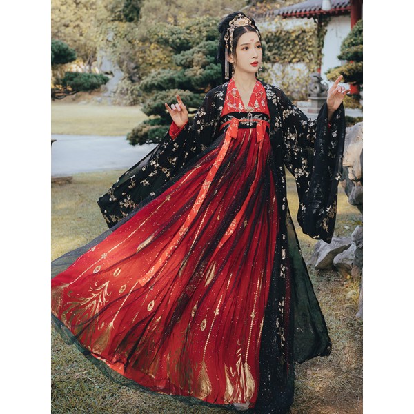 Women red black color chinese hanfu chinese ancient traditional folk ...