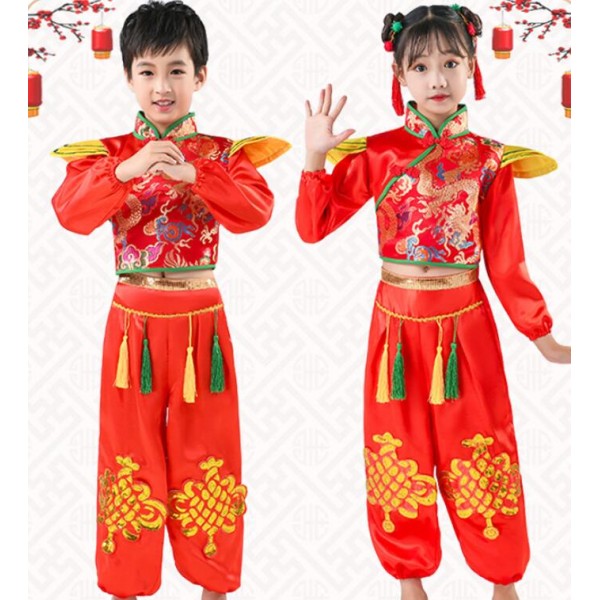 Children girls boys Chinese dragon pattern folk dance costumes good ...