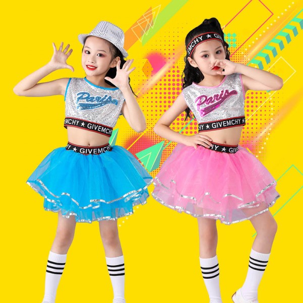 Children girls yellow green blue white sequined modern Jazz Dance Costume  Hip-hop gogo dance dresses Cheerleading performance outfits for kids