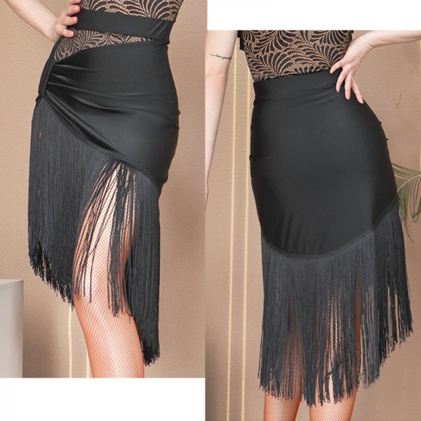 women's Black fringe latin dance skirt Black long tassels irregular ...