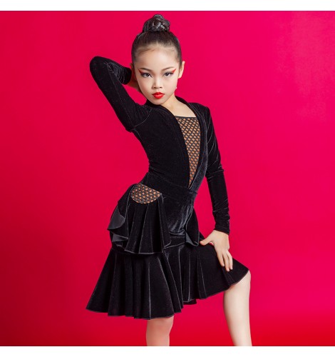 Velvet Long Sleeves Latin Dance Dress For Children Girls Competition  Ballroom Kids Tango Salsa Dancewear Practice Wear Cha Cha
