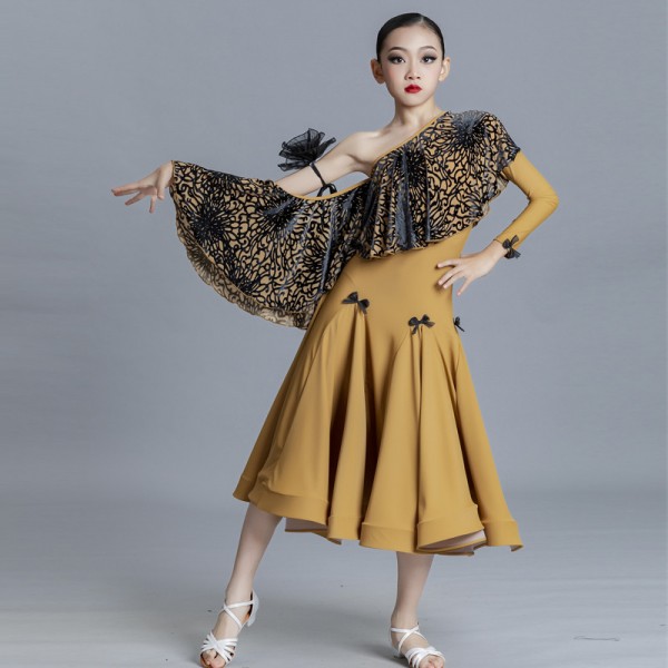 Girls kids yellow leopard velvet ballroom dance dresses modern junior ...