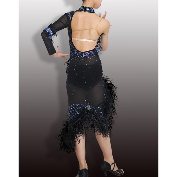 Custom size girls kids adult women competition latin dance dresses black  with blue gemstones feather salsa rumba chacha dancing costumes for female